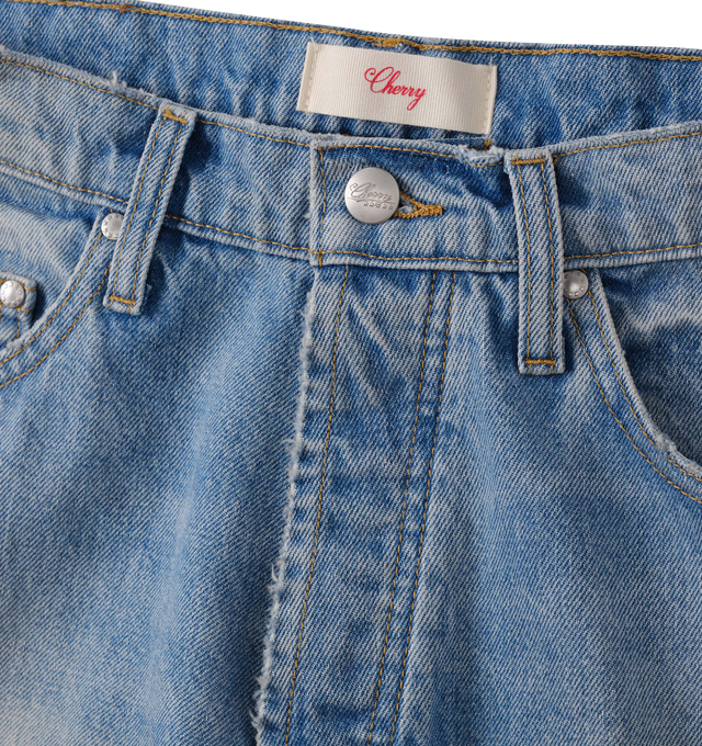 Image 3 of 8 - BLUE - Cherry LA Men's Wide Leg 5 Pocket Jeans are crafted from cotton denim and features a wide-leg silhouette with classic five-pocket construction. Designed with branded nickel hardware and a signature suede logo patch at the back, this everyday style combines relaxed proportions with timeless denim detailing. Main Material: Cotton Denim. Made in Los Angeles, California. 
