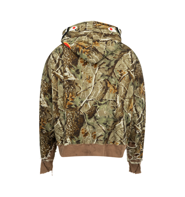 Image 2 of 2 - BROWN - SAINT MICHAEL Shark Bape Zip Hoodie featuring a textured thermal fabric lining, real tree camouflage pattern, boxy silhouette, double-zip closure that zips all the way up to the top of the hood, detailed with a shark mouth and eyes on the front and brand lettering in red with yellow outline on the back, signature distressed finishing and waffle knit lining. 100% cotton. Made in Japan. 