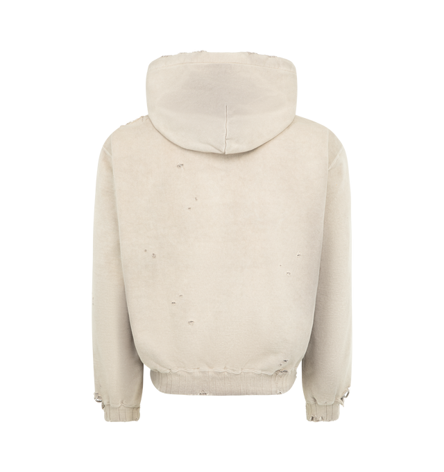 Image 2 of 3 - NEUTRAL - Maison Mihara Yasuhiro Men's Sun Faded Hoodie is crafted from cotton and features a relaxed silhouette with a sun-faded finish, distressed detailing, and front pockets for a worn-in, vintage-inspired look. This designer hoodie combines everyday comfort with Maison Mihara Yasuhiro's signature deconstructed aesthetic, while intentional fading and distressing create a unique character with every piece. Main Material: 100% Cotton. Made in China. 