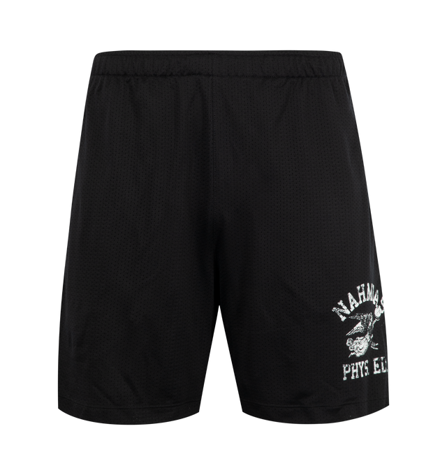 Image 1 of 3 - BLACK - NAHMIAS Mesh P.E. Shorts featuring elastic waist, logo printed on front leg and above the knee fit. 100% polyester. 