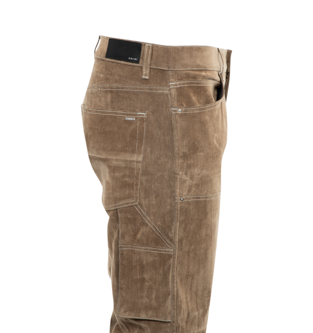Image 4 of 4 - BROWN - AMIRI Flocked Carpenter Pant featuring button fly, hammer loop detail at side, tonal stitched logo detail at leg and velour fabric with contrast stitching. 67% cotton, 21% polyester, 6% polyurethane, 4% nylon, 2% elastane. Made in USA. 