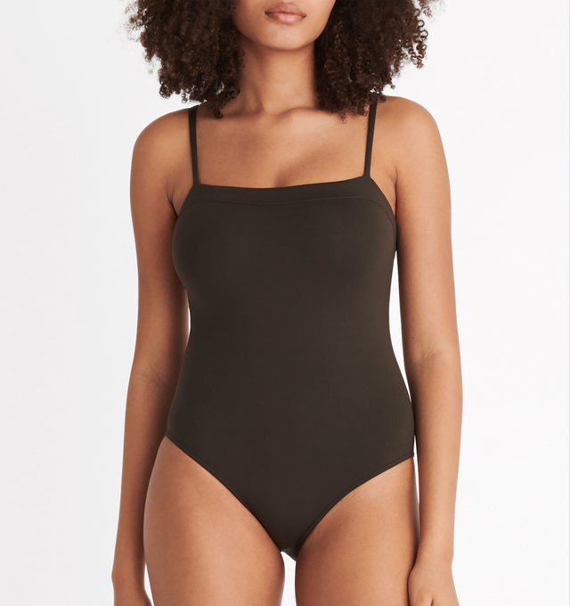 Image 4 of 6 - GREY - ERES Aquarelle Tank One-Piece Swimsuit featuring thin straps, wraparound neckline seam and straight back straps. Main: 84% Polyamid, 16% Spandex. Second: 68% Polyamid, 32% Spandex. Made in France.  