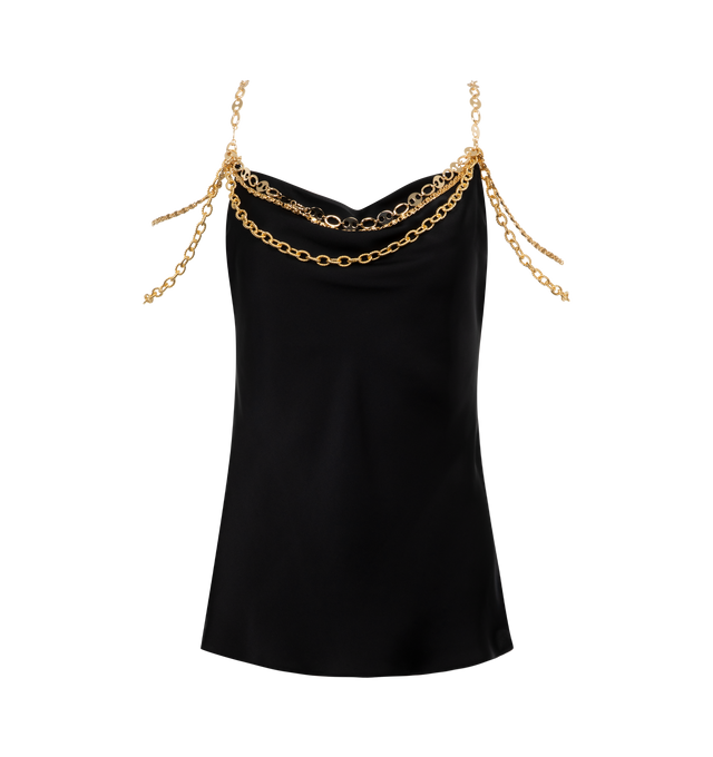 BLACK - RABANNE Chain Tank Top featuring cable link and chainmail detailing, gold-tone hardware, cowl neck, thin shoulder straps and curved hem. 100% polyester.