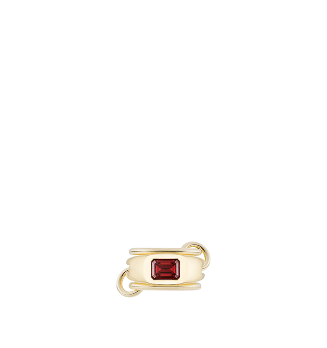 Image 1 of 1 - RED - Spinelli Kilcollin Women's Harlow YG Garnet Ring is crafted from 18k yellow gold and features a linked signet design framed by two full-round bands connected by the brand's signature tactile connectors. Centered with a burnish-set garnet, this handcrafted style can be worn across multiple fingers or stacked together as a single architectural ring. Main Material: 18k Yellow Gold. Bands: Three Linked 18k Yellow Gold Bands, Including a Split Signet Band. Stone: Garnet, Approx. 1.90 cttw. C 