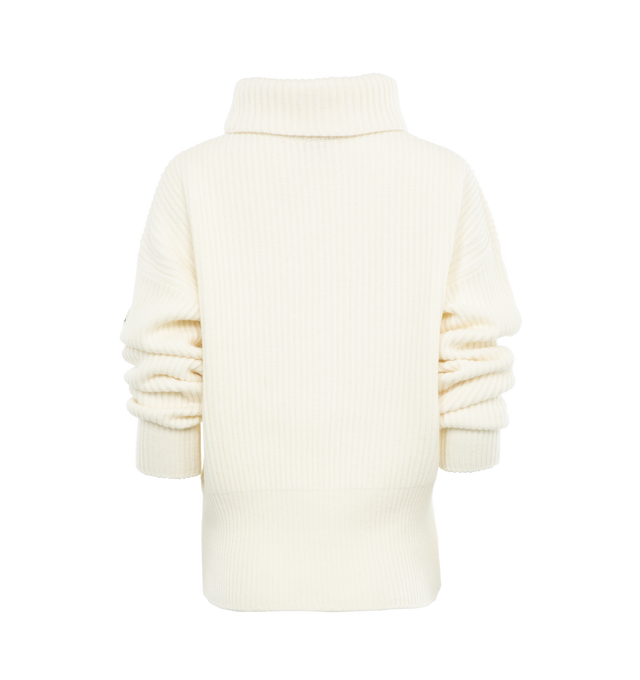 Image 2 of 3 - WHITE - MONCLER Rib Turtleneck Sweater featuring long sleeves, chunky knit, turtleneck and logo on sleeve. 
