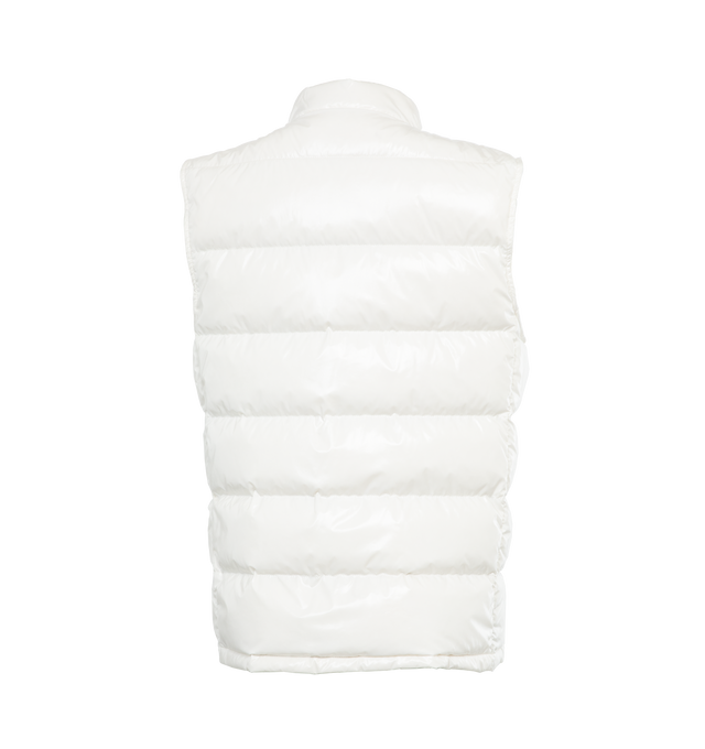 Image 2 of 3 - WHITE - MONCLER Alcibia Puffer Vest featuring shiny patent finish, stand collar, two-way front zip, chest logo patch, sleeveless, side-entry zip pockets, mid-length and slim fit. 100% polyamide/nylon. Padding: 90% down, 10% feather. Made in Romania. 