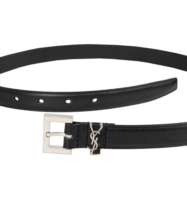 Image 2 of 2 - BLACK - Saint Laurent Cassandre narrow calfskin leather belt with square buckle featuring a Cassandre adorned belt loop. Measures 0.7 inches wide. Adjustable length. Black leather with silver tone hardware. Made in Italy. 