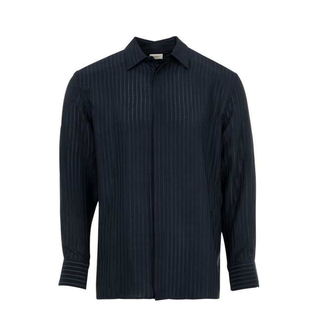 Image 1 of 2 - NAVY - SAINT LAURENT Striped Silk Shirt featuring button front closure, collar, button cuffs and striped throughout. 100% silk. 