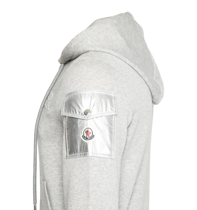 Image 3 of 3 - GREY - MONCLER Embossed Logo Hoodie featuring hood, zipper closure, kangaroo pocket and laminated embossed logo lettering. 87% cotton, 13% polyamide. Made in Turkey. 