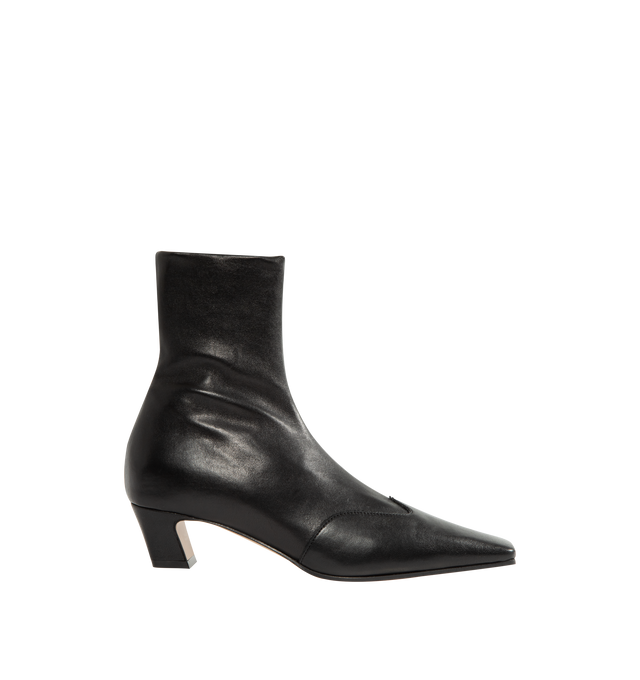 Image 1 of 4 - BLACK - Khaite Women's Nevada Stretch Low Boot featuring mid-calf urban cowboy boot, calfskin wingtip traced by tonal topstitching, pointed toe and side zipper closure. Heel Height: 1.8 in. 100% lambskin. Made in Italy.  
