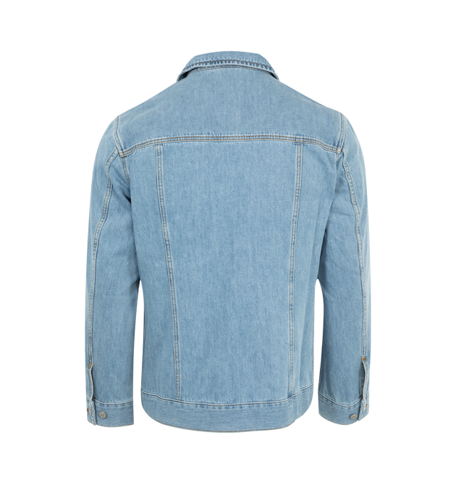 Image 2 of 2 - BLUE - DRIES VAN NOTEN Faded Denim Jacket featuring fading throughout, spread collar, button closure, flap and welt pockets, adjustable single-button barrel cuffs, logo-engraved silver-tone hardware and contrast stitching in tan. 100% cotton. 