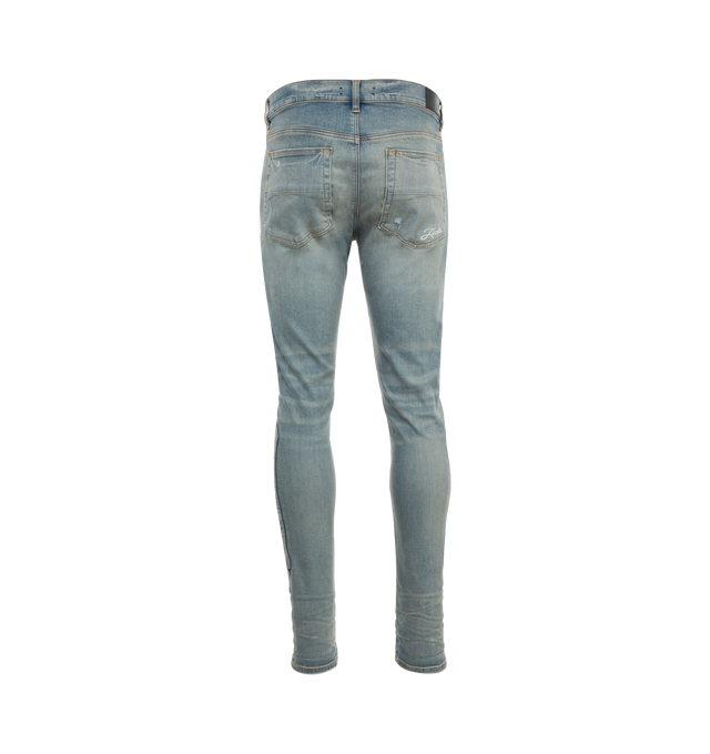 Image 2 of 3 - BLUE - Amiri 3D Bones Skinny Jeans are a 5-pocket style with button fastenings, all-over distressing, and dimensional bone motifs at the sides 92% cotton, 6% elastomultiester, 2% elastane.  