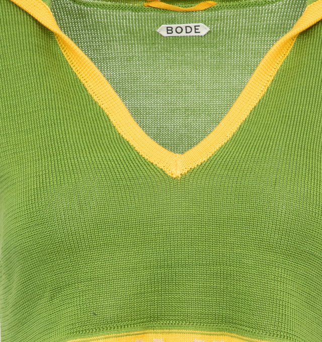Image 3 of 3 - GREEN - BODE Wellfleet Jacquard Top featuring a fine-gauge knit cotton, short sleeves, v neck, spread collar and contrast trim. 100% cotton. Made in USA. 