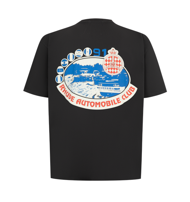 Image 2 of 2 - BLACK - Rhude Mens Automobile Club T-Shirt is crafted from a cotton jersey. Features a crew neck, short sleeves, custom fit, and graphics printed on the front chest and back. Main Material: 100% Cotton. Made in the USA. 