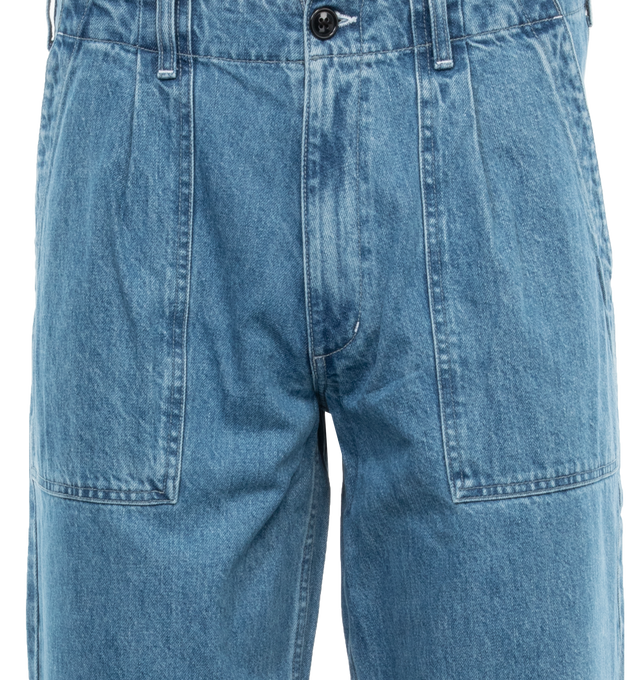 Image 3 of 3 - BLUE - NOAH Denim Pleated Fatigue Pants featuring Japanese denim, patch pockets on front with pleat, zip-fly and button-closure, patch flap pockets with button-closure on back. 100% cotton. Made in Portugal.  