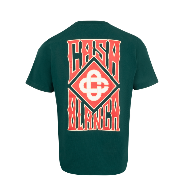 Image 2 of 2 - GREEN - Casablanca Gothic Stacked Logo T-Shirt has a crew neck, a signature logo print on the chest, short sleeves, and a graphic at the back. 100% cotton. Made in Portugal. 