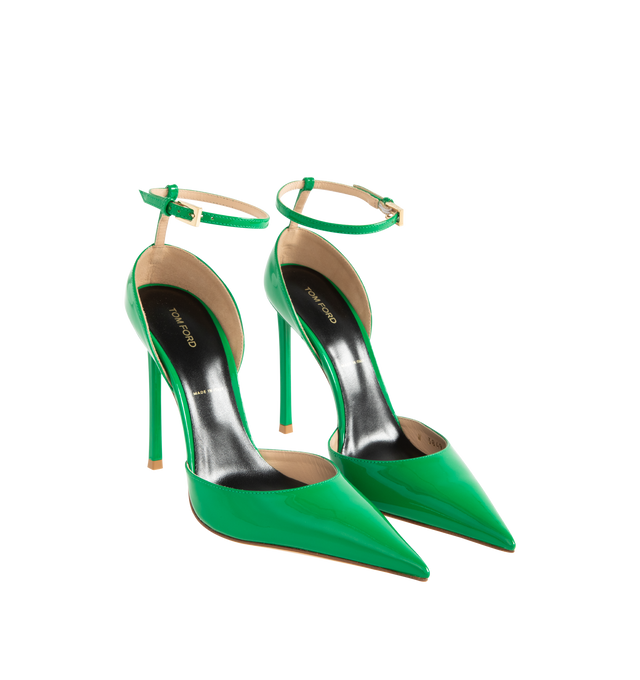 Image 2 of 4 - GREEN - TOM FORD Vertigo Patent Leather Pumps featuring patent leather uppers, slingback silhouette, pointed toes and ankle strap. Leather. Made in Italy. 
