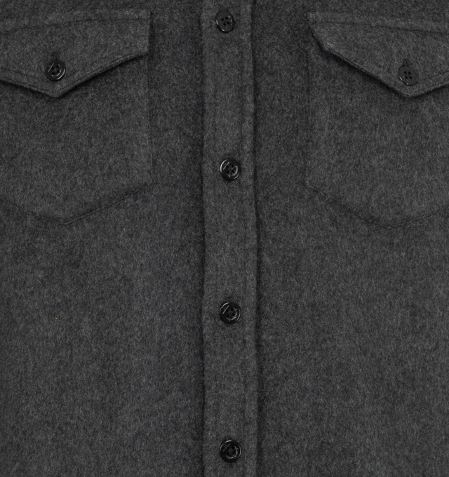 Image 3 of 3 - GREY - Noah CPO Shirt with Pointed collar, chest flap pockets with button-closure, barrel cuffs.  Crafted from 100% cashmere made by Joshua Ellis Mill exclusively for Noah.  Made in Portugal 