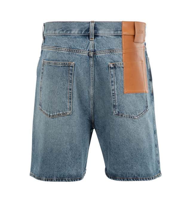 Image 2 of 3 - BLUE - LOEWE Denim Short featuring regular fit, regular length, mid waist, concealed button fly, five pocket style and LOEWE embossed leather patch placed at the back. 100% cotton. Made in Italy. 