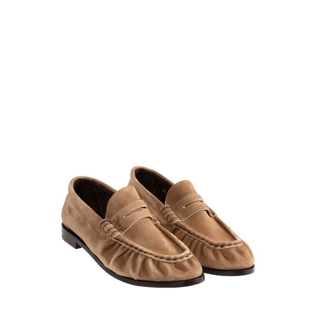 Image 2 of 4 - BROWN - Saint Laurent supple calfskin penny loafers decorated with the CASSANDRE in gold-tone metal, featuring a hand-stitched moc toe, leather sole and 1.5cm heel height.Made in ITALY. 