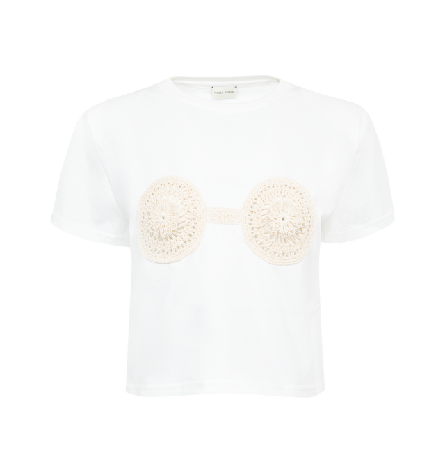 Image 1 of 2 - WHITE - MAGDA BUTRYM Crochet Bra T-Shirt featuring rib knit crewneck, crochet appliqus at chest and removable shoulder pads. 100% cotton. Trim: 75% cotton, 25% viscose. Made in Poland. 