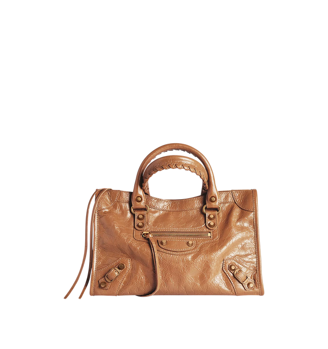 Image 1 of 4 - BROWN - BALENCIAGA Le City Bag Small featuring arena lambskin, two leather hand-braided handles, removable and adjustable shoulder strap, brass hardware, zipped closure with knotted leather puller, front zipped pocket with knotted leather puller, 1 inner zipped pocket and cotton canvas lining. Lambskin. 11.8" x 7.5" x 3.8". Made in Italy. 