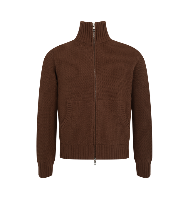 Image 1 of 1 - BROWN - Moncler Men's Zip-Up Cardigan is crafted from virgin wool and cashmere and features a dense knit construction, a ribbed stand collar, and a front zip closure. Designed with a straight-fit silhouette, ribbed cuffs and hem, and a kangaroo pocket. Main Material: 90% Virgin Wool, 10% Cashmere.  