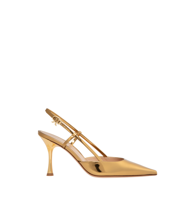 Image 1 of 4 - GOLD - GIANVITO ROSSI Ascent Metal Pump featuring an hourglass heel, pointed-toe, slingback, ribbon buckle in gold metal on the ankle strap. Heel height: 3.3 inches/85 mm. 100% calf. 