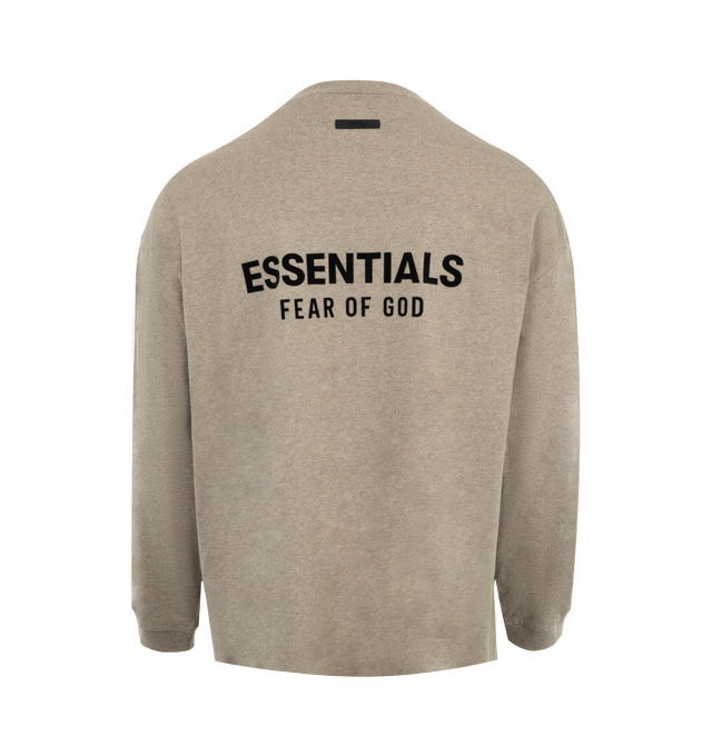 Image 2 of 2 - GREY - Fear of God Essentials long sleeve T-Shirt crafted from 100% cotton jersey. Featuring an oversized fit, ribbed crew neck, long sleeves with dropped shoulders, a classic crew neck, a rubber brand label at the upper back, and a Fear of God Essentials graphic on the front chest and accross the back. 