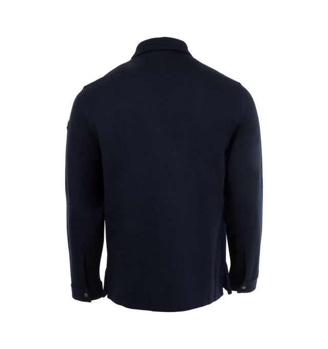 Image 2 of 3 - NAVY - Moncler Wool Blend Shirt (Mens) has a classic collar, long sleeves, a snap button closure, and a loose fit. Lined. 72% polyester, 28% wool. Made in Turkey.  