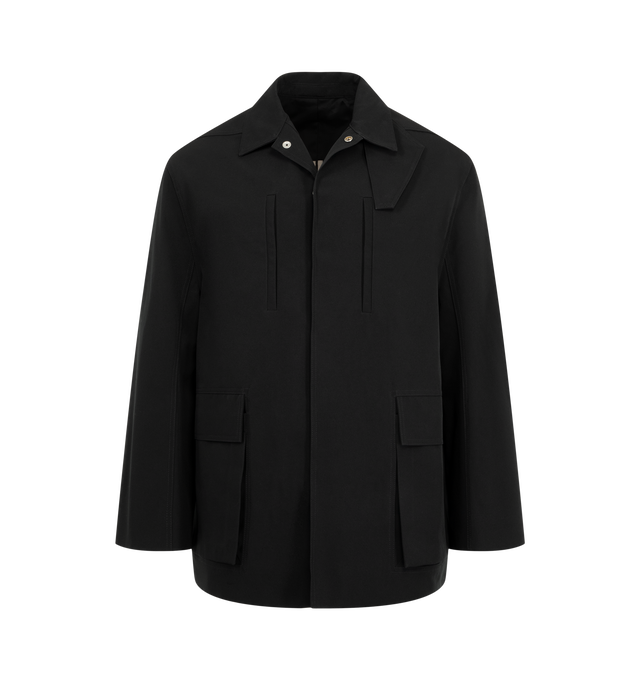Image 1 of 2 - BLACK - Rick Owens Men's Collared Mac Jacket is crafted from wool whipcord and waxy lamb leather and features an ample, below-hip silhouette with slightly dropped shoulders, level shoulder seams, and a concealed snap-front closure. Designed with a high neck and a detachable throat strap, it is finished with two vertical chest pockets, two front flap pockets, and a cotton webbing strap with rivet detailing across the back yoke. This version is lined in felpa for added comfort and structure. Ma 