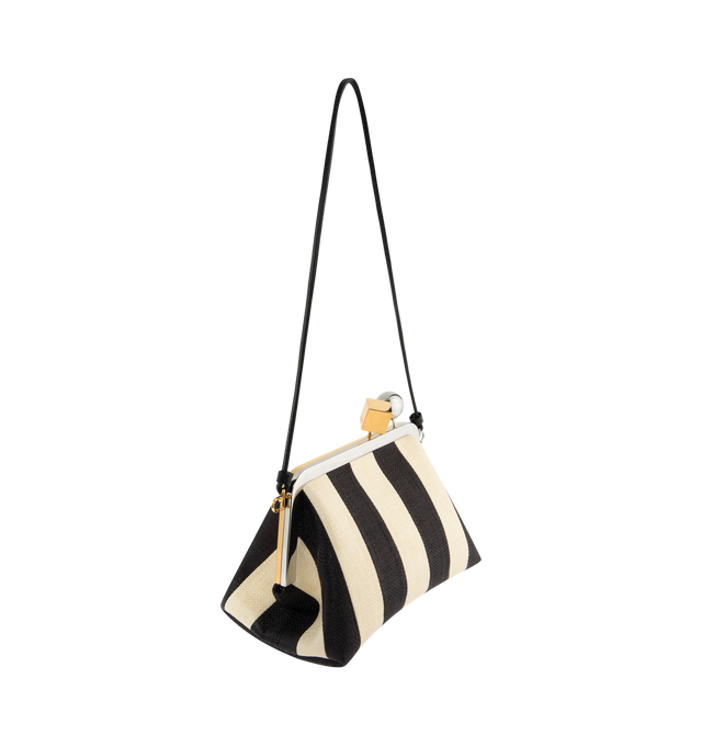 Image 2 of 3 - MULTI - JACQUEMUS The Berlingot Small Clasp Bag featuring small pouch bag in striped patchwork raffia, removable thin shoulder strap in contrast leather, contrast Rond-Carr clasp closure in silver and gold metal, interior card pocket and fully lined in cotton. 7.87  5.31  5.12 in. 100% polyamide. Made in Italy. 