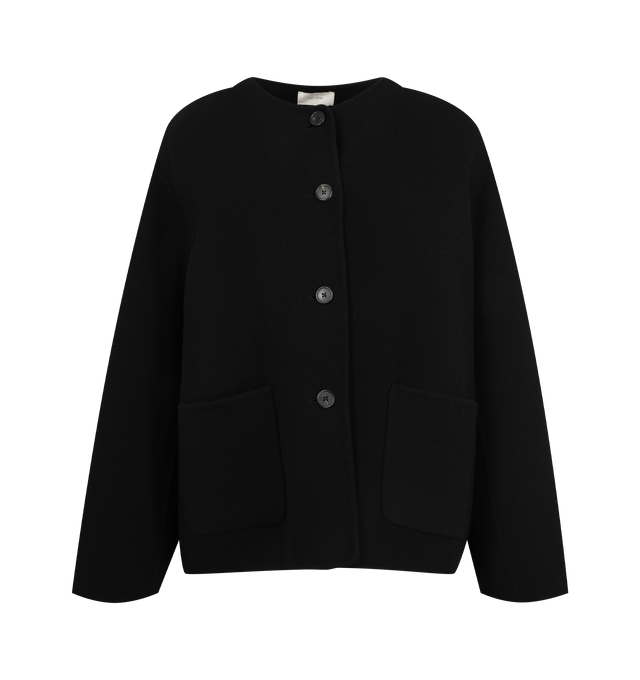 Image 1 of 2 - BLACK - The Row Women's Quintus Jacket is crafted from pure cashmere and features a collarless silhouette with a button-front closure and spacious patch pockets for a refined, minimalist look. This designer cashmere jacket combines exceptional Italian craftsmanship with timeless tailoring, making it a versatile wardrobe staple for effortless everyday layering. Main Material: 100% Cashmere. Made in Italy. 