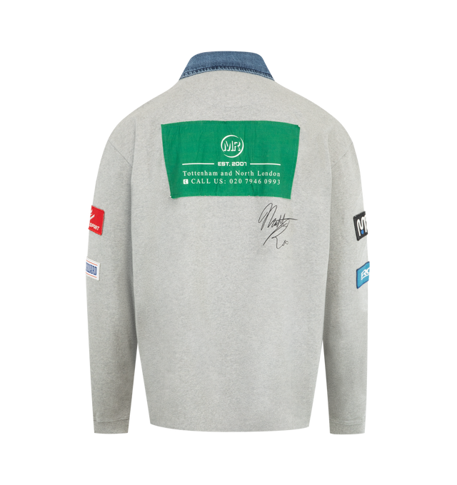 Image 2 of 4 - GREY - MARTINE ROSE Rugby Polo featuring cotton jersey, text and logo patches throughout, denim spread collar, concealed three-button placket, vented side seams, rib-knit cuffs and logo printed at back. 100% cotton. Made in Portugal. 