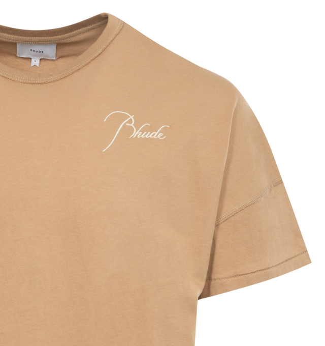 Image 2 of 2 - BROWN - RHUDE Reverse T-Shirt featuring exposed seams throughout, rib knit crewneck, logo embroidered at chest and dropped shoulders. 100% cotton. Made in USA. 