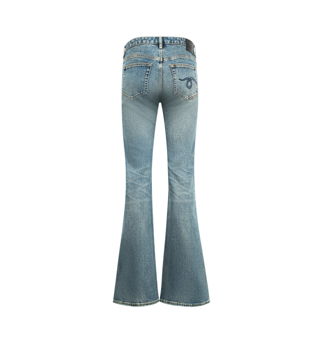 Image 2 of 3 - BLUE - R13 Boy Flare Jeans featuring stretch denim, fading, whiskering, and distressing throughout, flared leg, belt loops, five-pocket styling, zip fly, leather logo patch at back waistband, logo-engraved antiqued copper-tone hardware and contrast stitching in yellow. 98% cotton, 2% elastane. Made in Italy. 