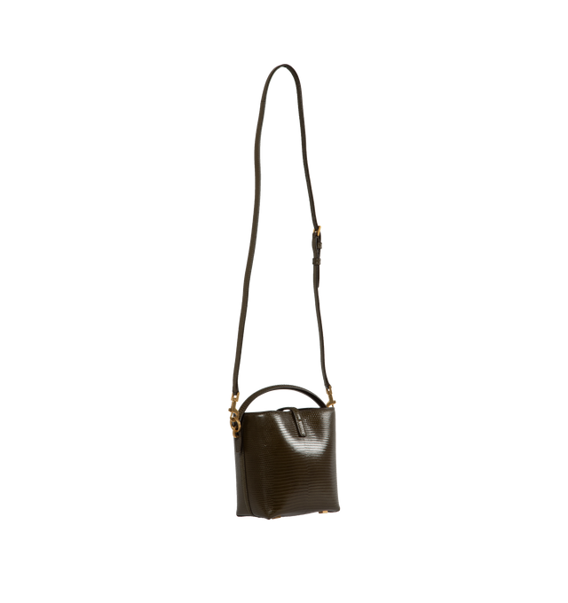 Image 2 of 3 - GREEN - SAINT LAURENT Le 37 Mini Bucket Bag featuring flat top handle, detachable, adjustable shoulder strap, top handle and shoulder strap, open top with center YSL logo strap, light bronze hardware and feet to protect bottom of bag. 5.1"H x 5.9"W x 2.3"D. Lizard leather. Made in Italy.  