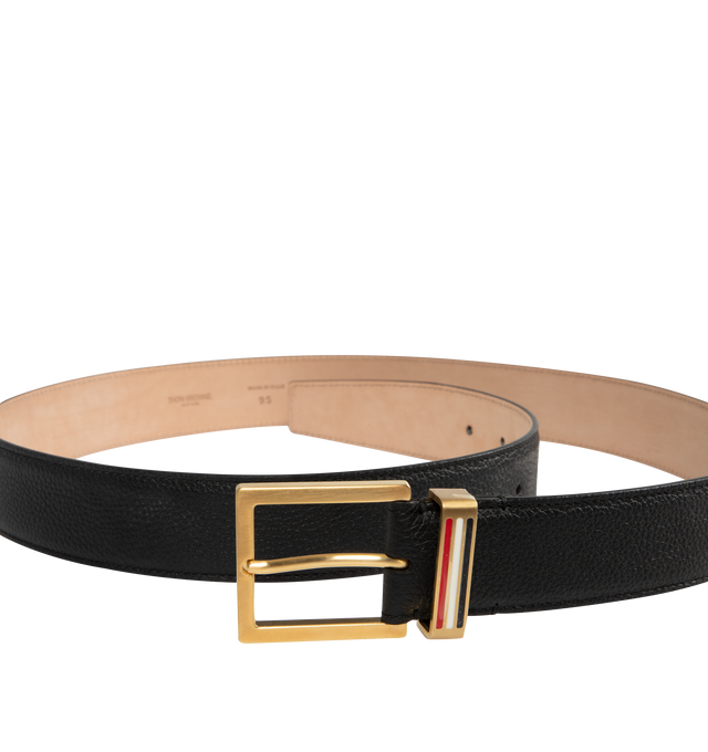 Image 2 of 2 - BLACK - Thom Browne Mens Belt is crafted from soft pebble grain calf leather. Features a polished metal loop buckle with signature RWB stripe detail and a structured silhouette. Main Material: 100% Calf Full Grain Leather. Made in Italy. 
