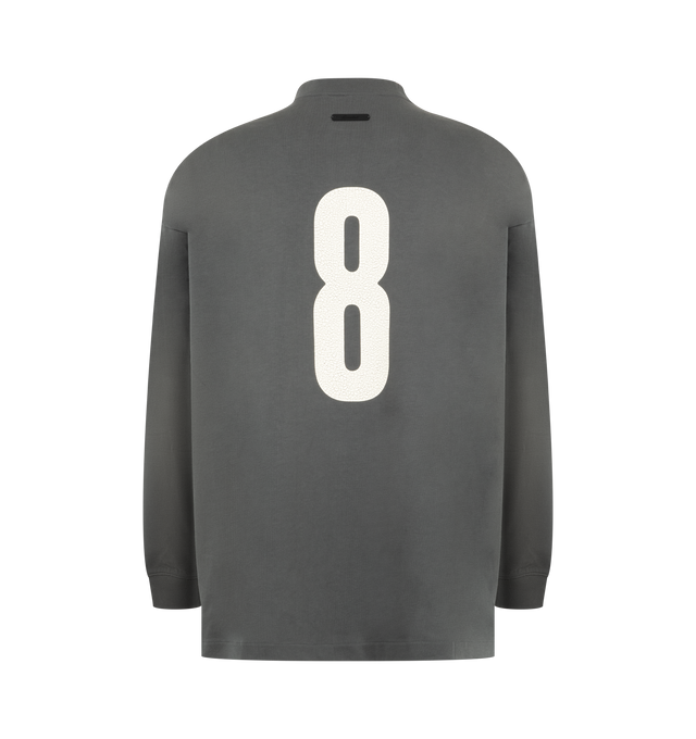 Image 2 of 2 - GREY - Fear of God Essentials Mens Merch Long Sleeve Tee is crafted from 300 GSM cotton jersey. Features a boxy relaxed fit, ribbed crew neckline, dropped shoulders, ribbed cuffs, crackle-printed All Valley Essentials graphic at the front, number "8" graphic at the back, and an Essentials signature label at the back collar. Main Material: 100% Cotton. 