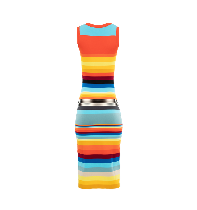 Image 2 of 3 - MULTI - CHRISTOPHER JOHN ROGERS Striped Tank Dress featuring stretch-design, fine knit, horizontal stripe pattern, scoop neck, sleeveless, fitted waistline, pencil silhouette, straight hem and ankle-length. 83% viscose, 17% elastane. 