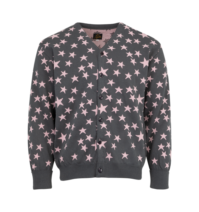 Image 1 of 2 - GREY - NEEDLES V Neck Cardigan featuring button closure, ribbed cuffs and trim, v neck and stars throughout. Made in Japan. 