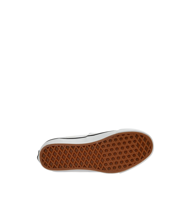 Image 4 of 5 - WHITE - VANS X HOMME GIRLS OTW Authentic 44 Sneaker featuring Heritage low-top shoe, Style 44, 8 oz canvas upper with 6 oz canvas bindings and heel strip, HommeGirls branded lace, with optional second lace, metal eyelets, higher sidewall with gloss finish, foxing tape, reinforced outsoles, Co-branded Foam ADC (All-Day Comfort) insole, signature waffle outsole pattern, all-over checkerboard pattern with Hg monograms and co-branded logo heel scab. 