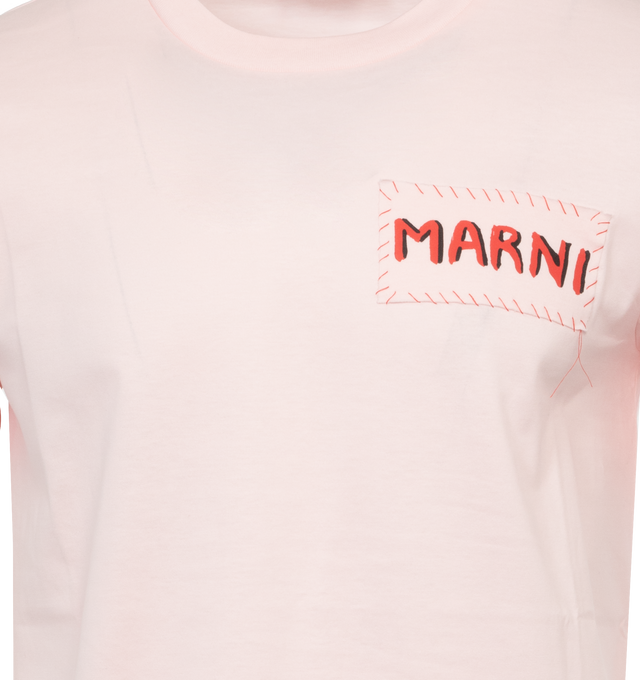Image 2 of 2 - PINK - MARNI Patch T-Shirt featuring rib knit crewneck, logo patch at chest and contrast stitching. 100% cotton. Made in Italy. 