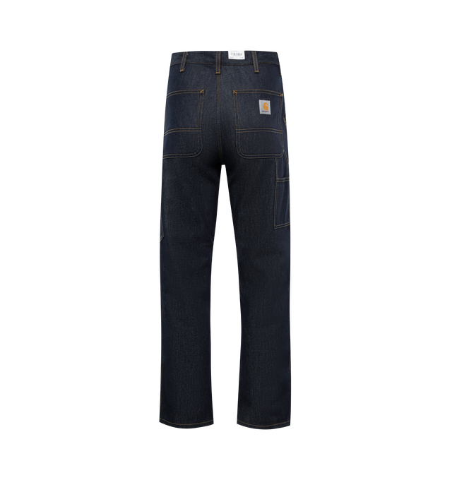 Image 2 of 3 - BLUE - CARHARTT WIP Single Knee Jeans featuring relaxed-fit, straight-leg, belt loops, five-pocket styling, zip-fly, utility pocket at outseams, logo patch at back pocket and contrast stitching in tan. 100% cotton. 