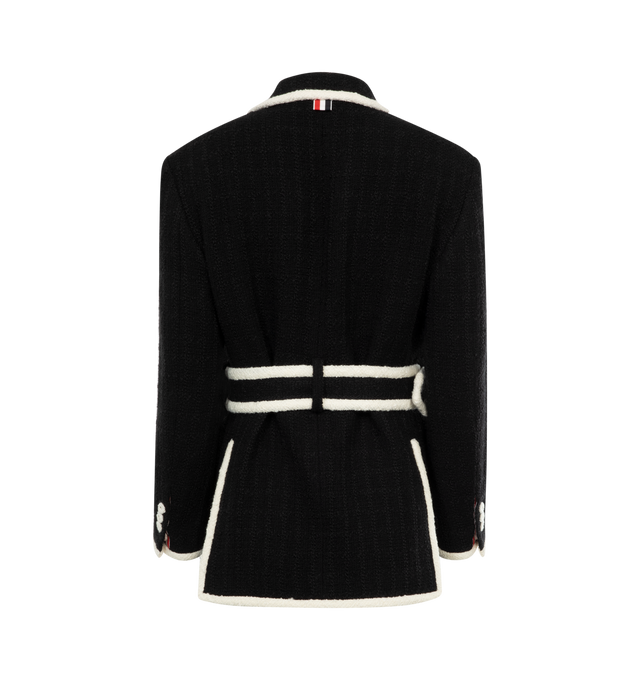 Image 2 of 2 - BLACK - THOM BROWNE Tweed Safari Jacket featuring adjustable belt, 4 flap pocketes on front, button front closure, notched lapel and contrast trim.  