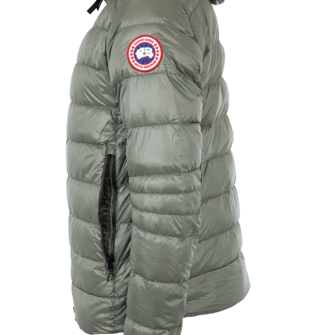 Image 3 of 3 - GREEN - CANADA GOOSE Crofton Quilted Zip Hoodie featuring hooded neckline, two-way zip front, side zip pockets and tonal logo patch at left arm. Recycled nylon. Fill, Hutterite white duck down 750 fill power. Made in Canada. 