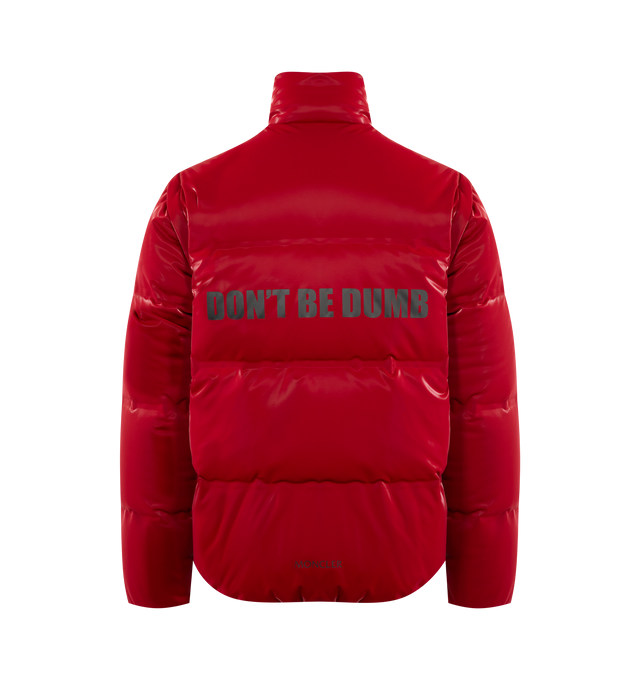 Image 2 of 4 - RED - Moncler x A$AP Rocky Throttle Reversible 2-in-1 Down Jacket featuring polyester jersey, nylon laqu lining, reversible, detachable sleeves, down-filled, zipper closure, pockets with button closure, logo print and logo patches. 95% polyester, 5% elastane/spandex. Lining: 100% polyamide/nylon. Padding: 90% down, 10% feather. 