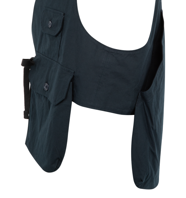 Image 3 of 3 - NAVY - ENGINEERED GARMENTS Fowl Vest featuring a large game pocket on the rear, two patch pockets on the front, string closure on the front with single button and neck loop on rear. 100% cotton. Made in the USA. 