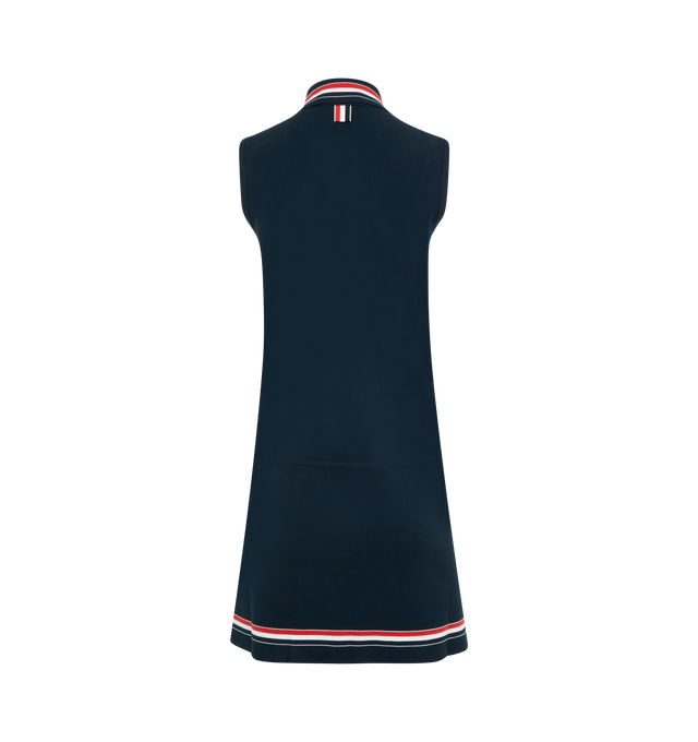 Image 2 of 2 - NAVY - Thom Browne Women's preppy icons tennis dress crafted from stretch viscoss featuring signature grosgrain trim at the back, front button closure, polo collar, and signature striped grosgrain loop tab. 83% Viscose, 17% Polyester. Made in Italy. 