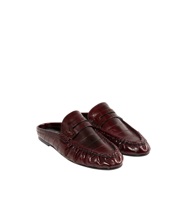 Image 2 of 4 - BROWN - SAINT LAURENT Le Loafer Mules in Eel featuring a classic penny silhouette with gathered edges, hand-stitched moc toe, backless, a YSL logo charm and leather sole. Eel. Made in Italy. 